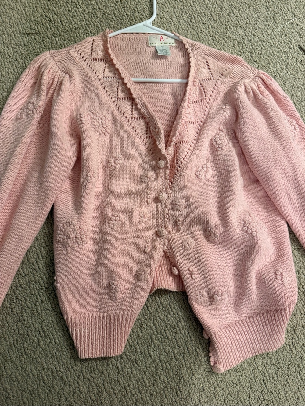 Soft Pink Puff-Sleeve Knit Cardigan with Bobble Detail